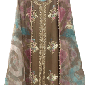 Women'S Mouse Color Unstitched Stylish Hand Embroidered  Work Georgette Suit With Designer Position Print And  With tie and dye Viscose Organza Dupatta Work
