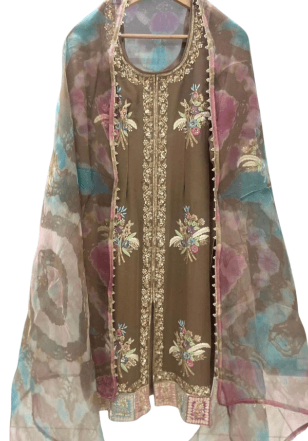 Women'S Mouse Color Unstitched Stylish Hand Embroidered  Work Georgette Suit With Designer Position Print And  With tie and dye Viscose Organza Dupatta Work